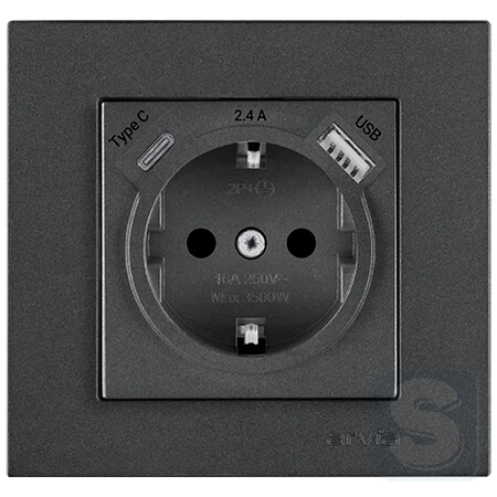 Розетка із заземленням та шторками USB-A + USB-A 5V-2.4A Arvia Electric KAREN Димчастий (20 04 2000 300)